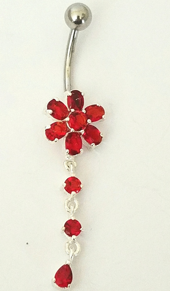 925 SS Stamped Red Flower Dangle CZ Navel Ring